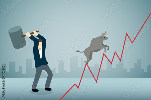 Businessman breaking bull runing on upward graph with hammer