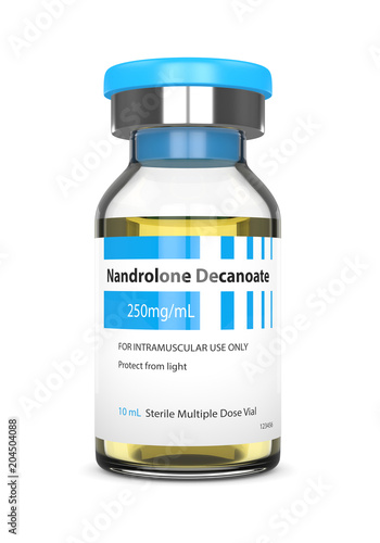3d render of nandrolone decanoate vial over white background. Anabolic steroids concept. photo