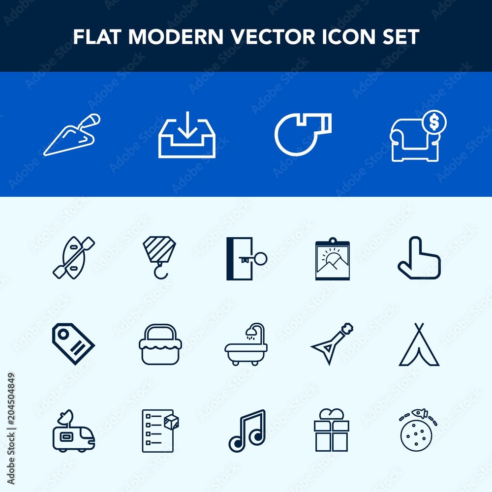 Fototapeta premium Modern, simple vector icon set with boat, object, planet, construction, web, sport, blank, exit, white, space, frame, canoe, building, picture, photo, modern, pointer, furniture, referee, escape icons