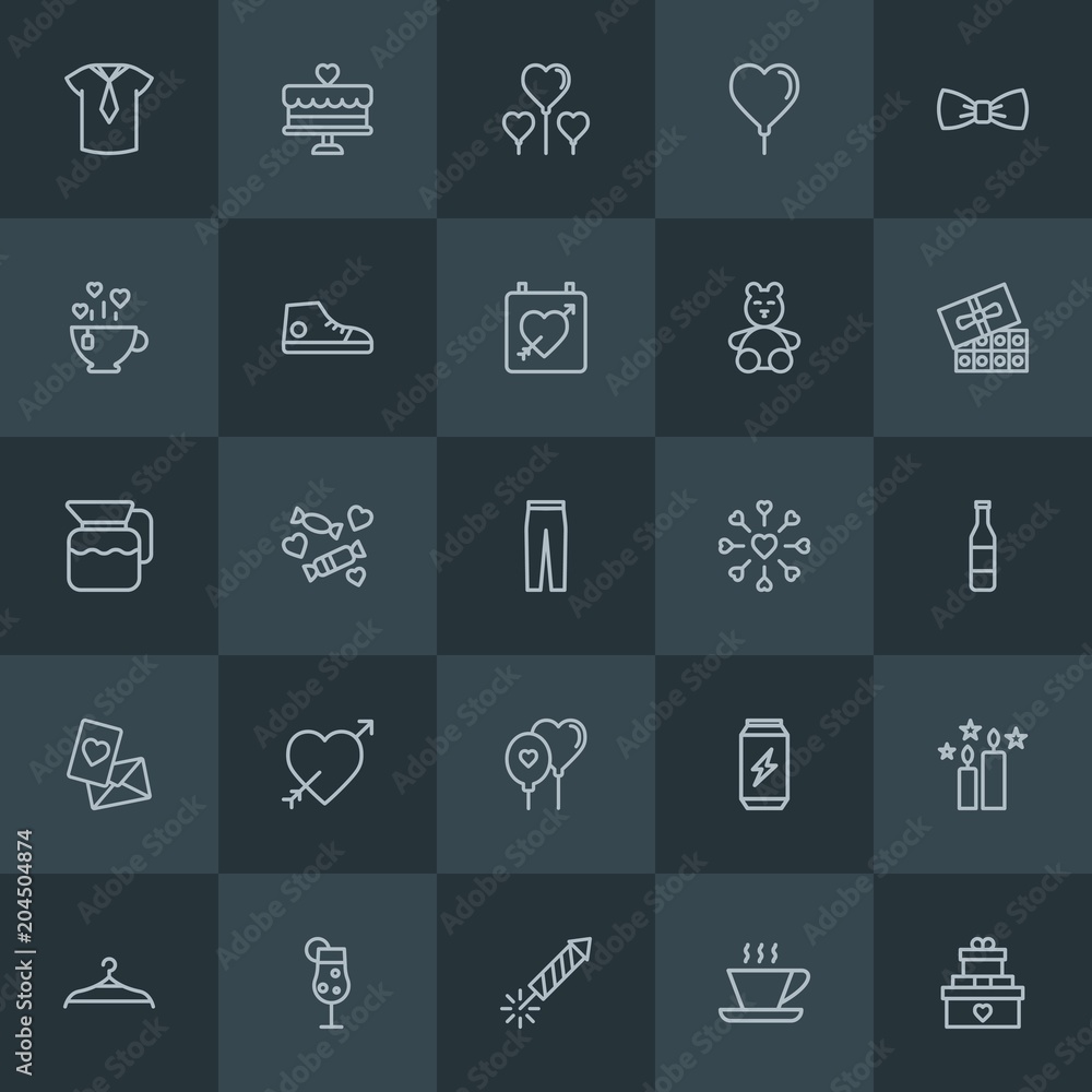 Modern Simple Set of clothes, drinks, valentine Vector outline Icons. Contains such Icons as  energy,  white,  valentine,  shirt, can, cup and more on dark background. Fully Editable. Pixel Perfect.