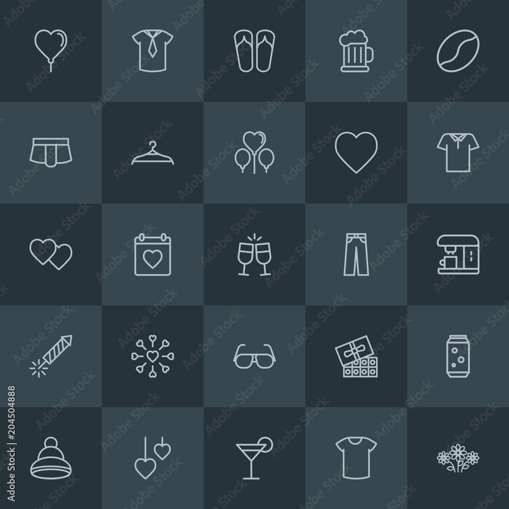 Modern Simple Set of clothes, drinks, valentine Vector outline Icons. Contains such Icons as  day,  red,  decoration,  love,  food,  gift and more on dark background. Fully Editable. Pixel Perfect.