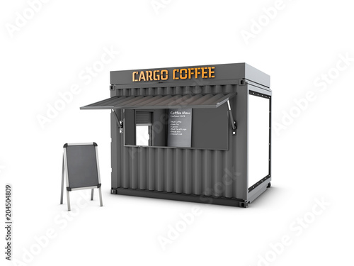 Old shipping container is converted into a chic coffee shop, 3d Illustration