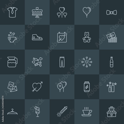 Modern Simple Set of clothes, drinks, valentine Vector outline Icons. Contains such Icons as energy, white, valentine, shirt, can, cup and more on dark background. Fully Editable. Pixel Perfect.