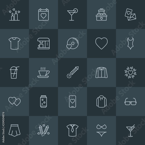 Modern Simple Set of clothes, drinks, valentine Vector outline Icons. Contains such Icons as dress, red, clothing, holiday, love, style and more on dark background. Fully Editable. Pixel Perfect.