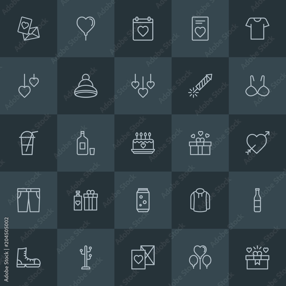 Modern Simple Set of clothes, drinks, valentine Vector outline Icons. Contains such Icons as balloon, celebration, background, glass and more on dark background. Fully Editable. Pixel Perfect. Modern Simple Set of clothes, drinks, valentine Vector outline Icons. Contains such Icons as balloon, celebration, background, glass and more on dark background. Fully Editable. Pixel Perfect.
