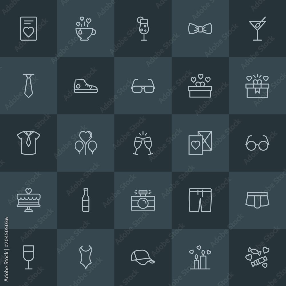 Modern Simple Set of clothes, drinks, valentine Vector outline Icons. Contains such Icons as clothing,  sport,  white,  baseball, invitation and more on dark background. Fully Editable. Pixel Perfect.