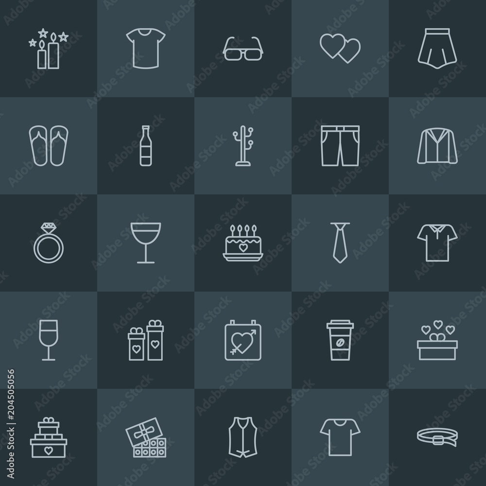 Modern Simple Set of clothes, drinks, valentine Vector outline Icons. Contains such Icons as day, clothing, drink, flame, glass, gift and more on dark background. Fully Editable. Pixel Perfect. Modern Simple Set of clothes, drinks, valentine Vector outline Icons. Contains such Icons as day, clothing, drink, flame, glass, gift and more on dark background. Fully Editable. Pixel Perfect.