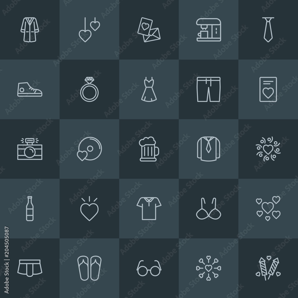 Modern Simple Set of clothes, drinks, valentine Vector outline Icons. Contains such Icons as  firework,  record,  royal,  comfortable,  cup and more on dark background. Fully Editable. Pixel Perfect.