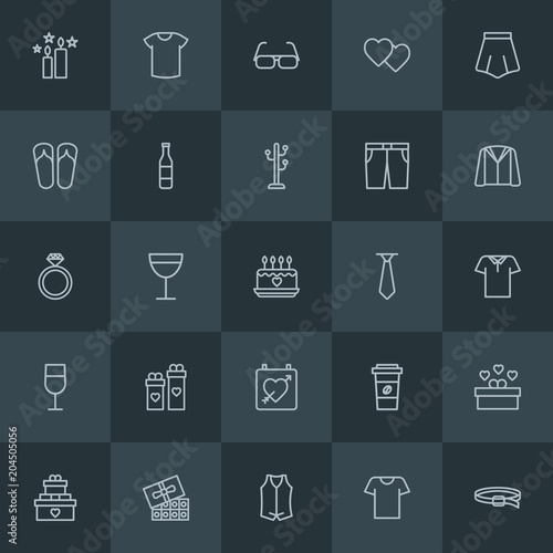 Modern Simple Set of clothes, drinks, valentine Vector outline Icons. Contains such Icons as day, clothing, drink, flame, glass, gift and more on dark background. Fully Editable. Pixel Perfect.