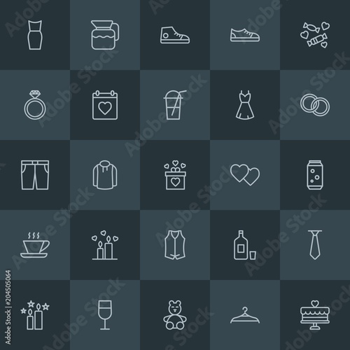 Modern Simple Set of clothes, drinks, valentine Vector outline Icons. Contains such Icons as alcohol, wine, fashion, tie, water, beauty and more on dark background. Fully Editable. Pixel Perfect.