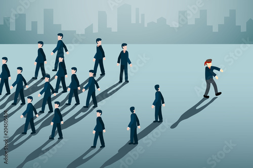 businessman with blindfold walking opposite directions to mass people.