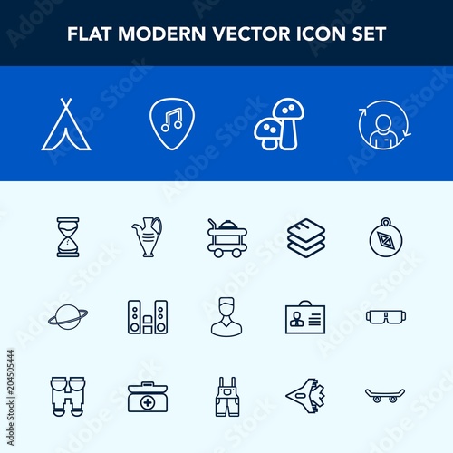 Modern, simple vector icon set with direction, camp, hotel, profile, south, space, travel, pottery, room, person, astronomy, refresh, clock, edible, business, food, sand, outdoor, hour, player icons