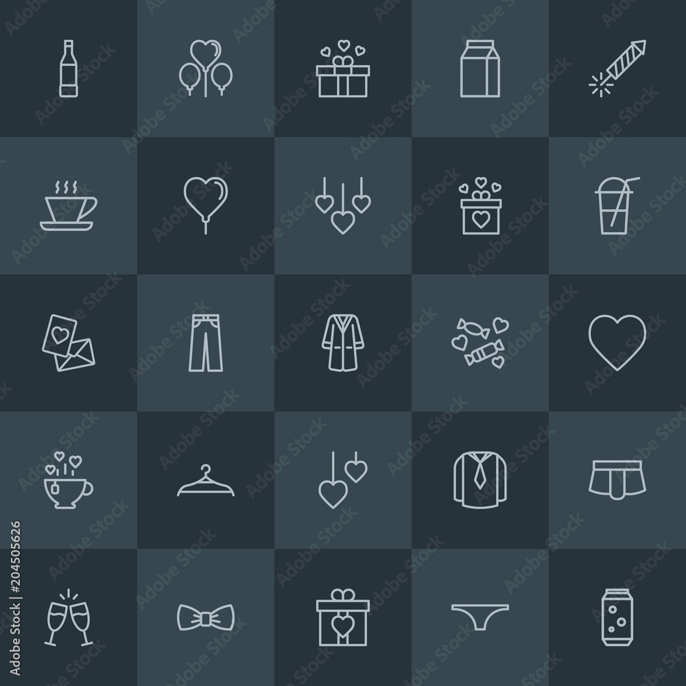 Modern Simple Set of clothes, drinks, valentine Vector outline Icons. Contains such Icons as  tie,  wine,  female,  party,  festival,  can and more on dark background. Fully Editable. Pixel Perfect.