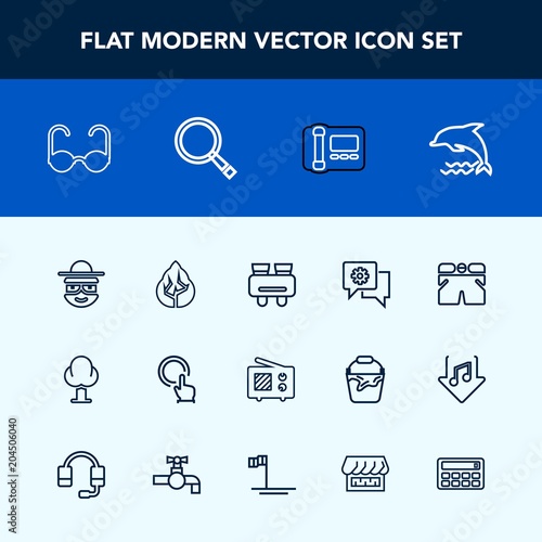 Modern, simple vector icon set with office, finger, fashion, landscape, shorts, antenna, glasses, technology, sunglasses, forest, calculator, sun, white, environment, mobile, happy, wear, signal icons