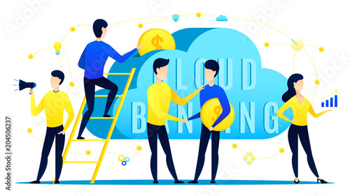 Concept of cloud banking. Businessmen invest money in cloud bank. Vector illustration with coins growth chart.