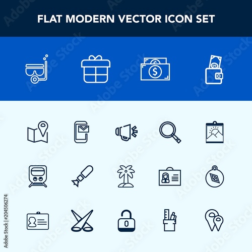 Modern, simple vector icon set with sign, mask, road, train, search, cash, tropical, wallet, blank, finance, photo, nature, map, frame, money, snorkel, railway, transportation, war, summer, loud icons
