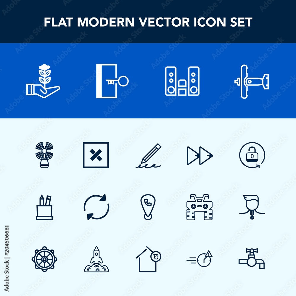 Fototapeta premium Modern, simple vector icon set with war, growth, stationery, unlock, seedling, button, phone, aircraft, reload, open, travel, airplane, lighthouse, play, exit, life, arrow, pencil, sea, escape icons