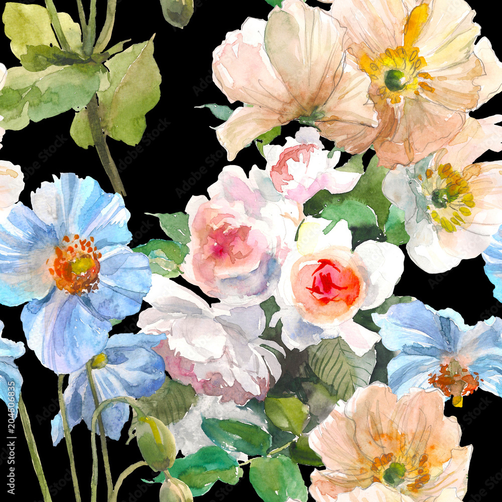 Obraz Bezszwowy kwiecisty wzór z ogrodowymi różami, żółtym maczkiem i błękitnym kwiatem na czarnym tle ,. Akwarela ilustracja. Ręcznie rysowane. Koncepcja kwiat.