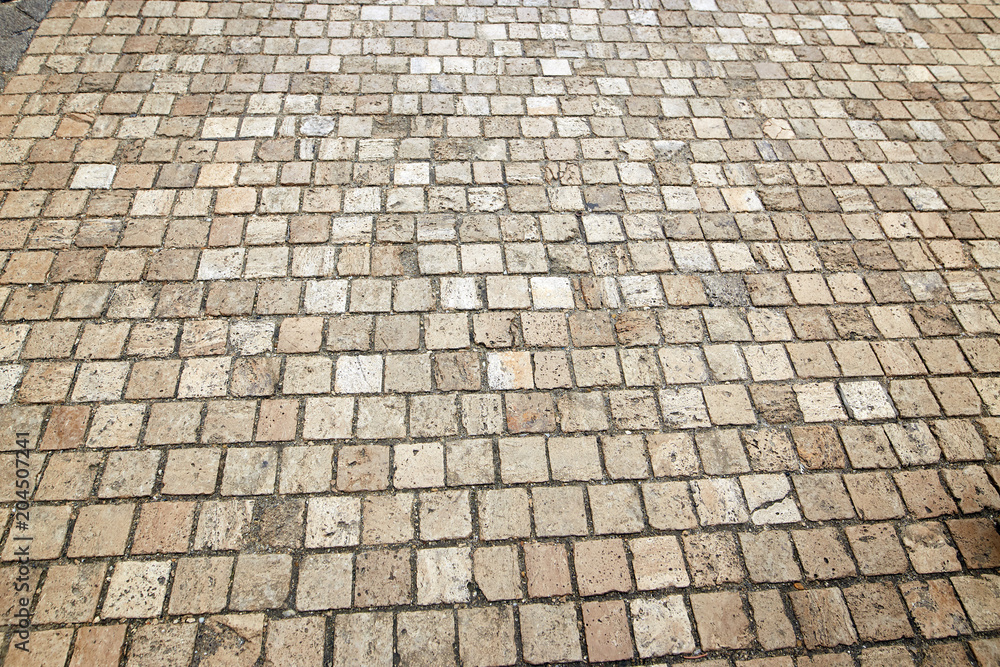 tile paving. sidewalk pedestrian zone. a rock.
