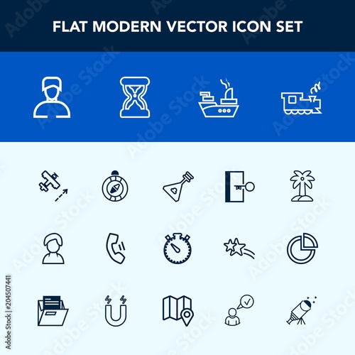 Modern, simple vector icon set with transportation, sign, instrument, railway, home, clock, military, man, south, summer, cell, technology, profile, human, internet, string, leaf, ship, person icons