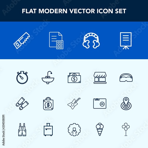 Modern, simple vector icon set with construction, vision, meeting, sale, technology, air, bag, time, clock, banking, faucet, finance, curtain, people, music, cooler, financial, tag, glasses, saw icons