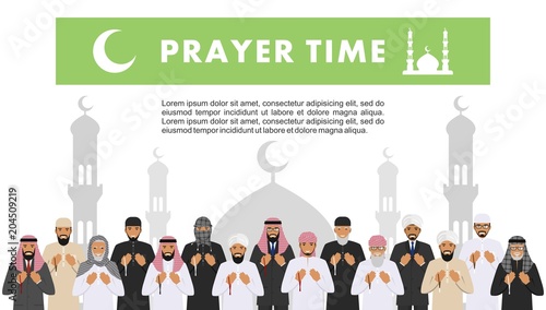 Prayer time. Different standing praying muslim arabic people and mullah in traditional arabian clothes. Mufti with quran. Islamic men with beads in hands pray. Silhouette of a mosque and minarets.