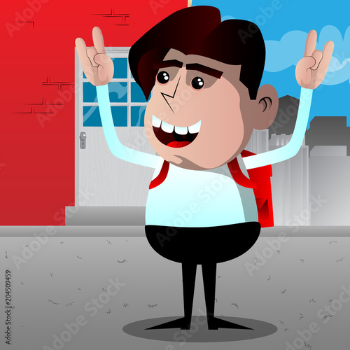 Schoolboy with hands in rocker pose. Vector cartoon character illustration.