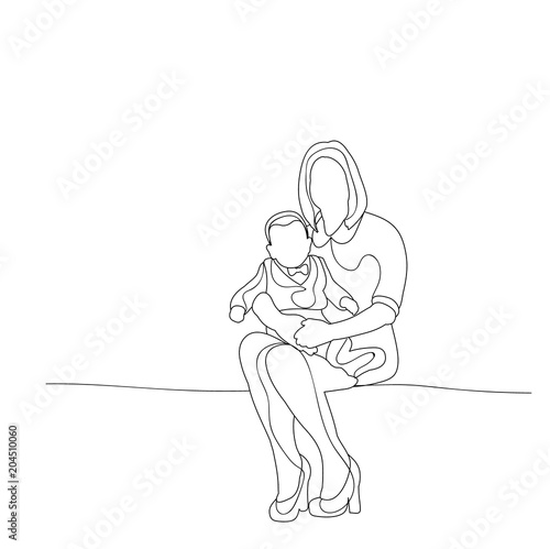 isolated sketch mom and baby sitting