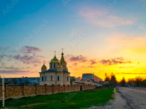 Kovel, Ukraine - April 14, 2018: Church of Resurrection and spectacular spring sunset sky