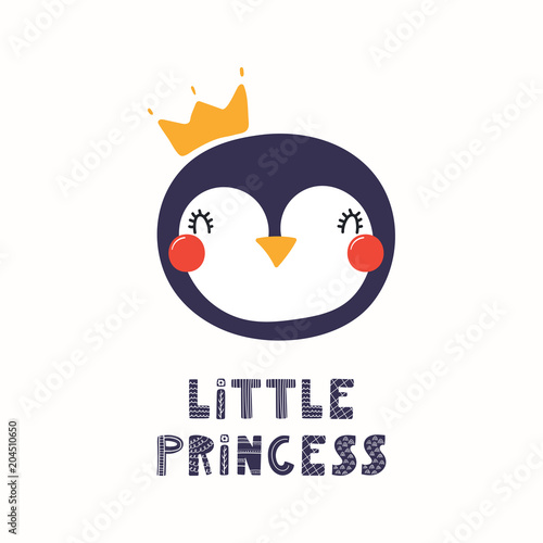 Hand drawn vector illustration of a cute funny penguin face in a crown, with lettering quote Little princess. Isolated objects. Scandinavian style flat design. Concept for children print.