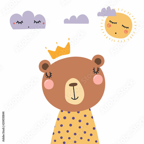 Hand drawn vector illustration of a cute funny bear in a shirt and crown, wit...