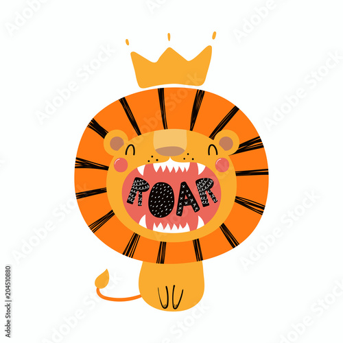 Hand drawn vector illustration of a cute funny lion in a crown, with lettering quote Roar. Isolated objects. Scandinavian style flat design. Concept for children print.