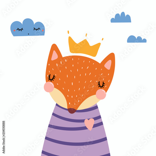 Hand drawn vector illustration of a cute funny fox in a shirt and crown, with...
