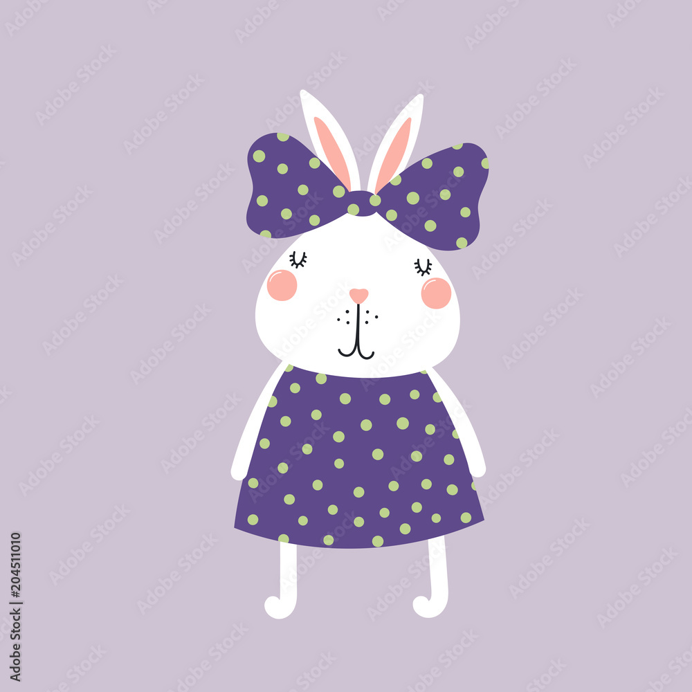 Hand drawn vector illustration of a cute funny bunny girl in a dress, with a ribbon Isolated objects. Scandinavian style flat design. Concept for children print. Hand drawn vector illustration of a cute funny bunny girl in a dress, with a ribbon Isolated objects. Scandinavian style flat design. Concept for children print.