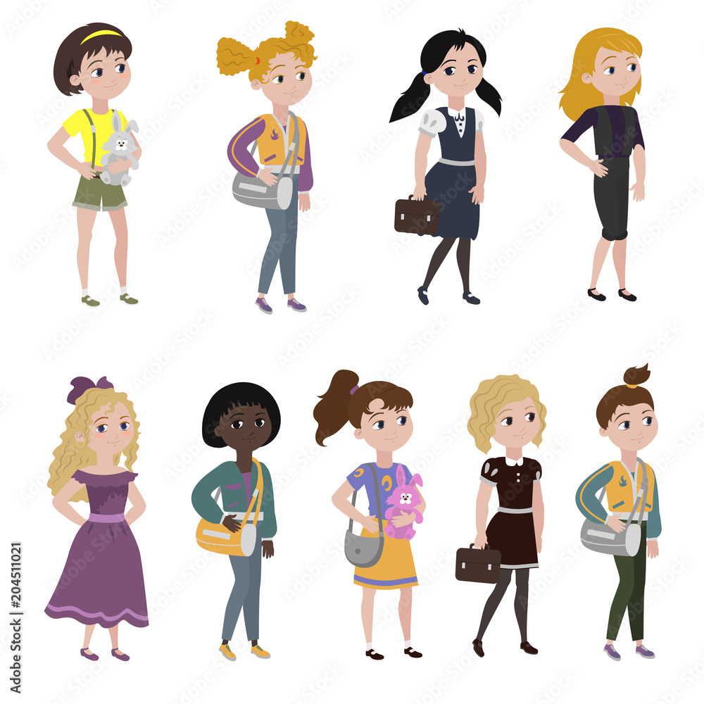 Set of girls dressed in different beautiful outfits Set of girls dressed in different beautiful outfits