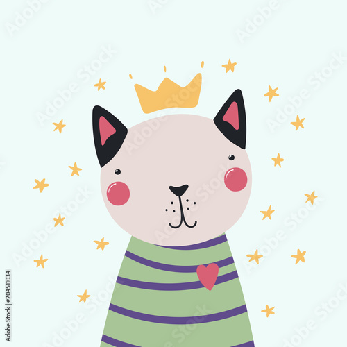 Hand drawn vector illustration of a cute funny cat in a shirt and crown, with stars. Isolated objects. Scandinavian style flat design. Concept for children print.