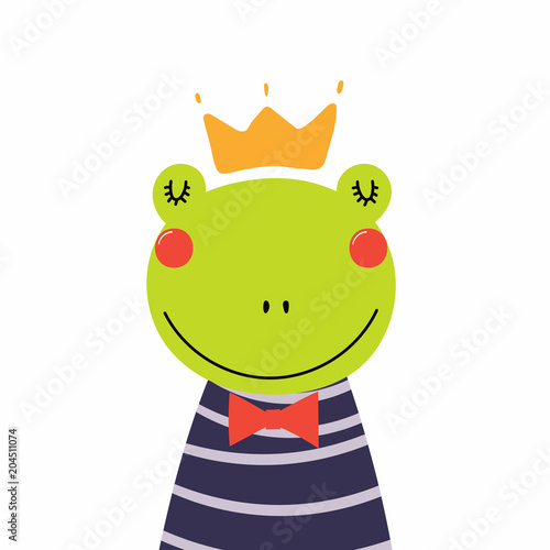 Hand drawn vector illustration of a cute funny frog prince in a shirt and crown. Isolated objects. Scandinavian style flat design. Concept for children print.