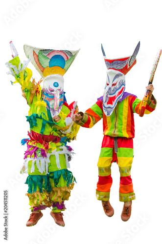 Ghost mask and costume colorful Phi Ta Khon festival Young people dress in spirit and wear a mask, sing and dance at Dansai, Loei, Thailand. isolated with clipping patch