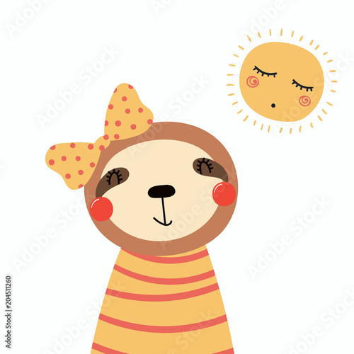 Hand drawn vector illustration of a cute funny sloth girl in a shirt, with a ribbon, with sun. Isolated objects. Scandinavian style flat design. Concept for children print.