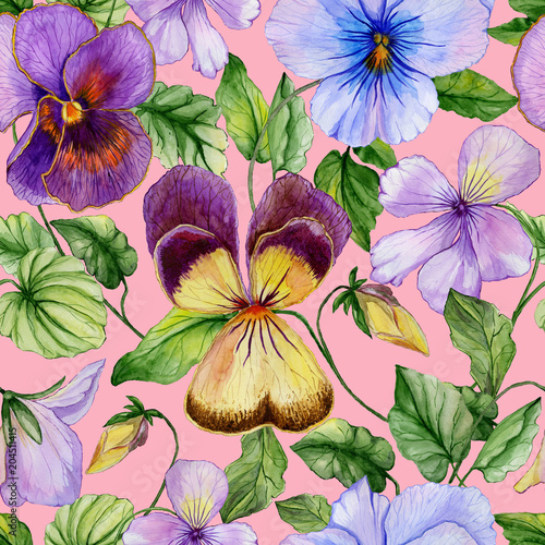Beautiful viola flowers with green leaves on pink background. Seamless floral...