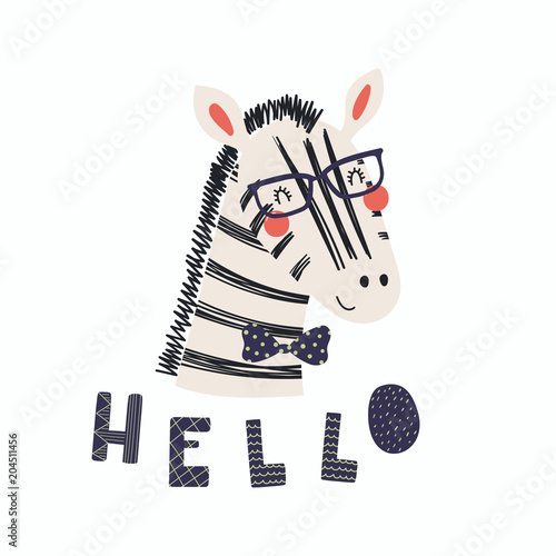 Hand drawn vector illustration of a cute funny zebra in a bow tie and glasses, with lettering quote Hello. Isolated objects. Scandinavian style flat design. Concept for children print.