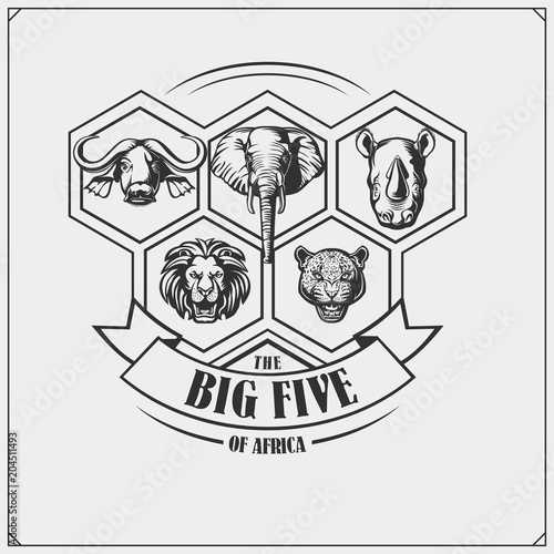 Safari emblem with Big Five animals. Lion, elephant, rhino, leopard and buffalo.