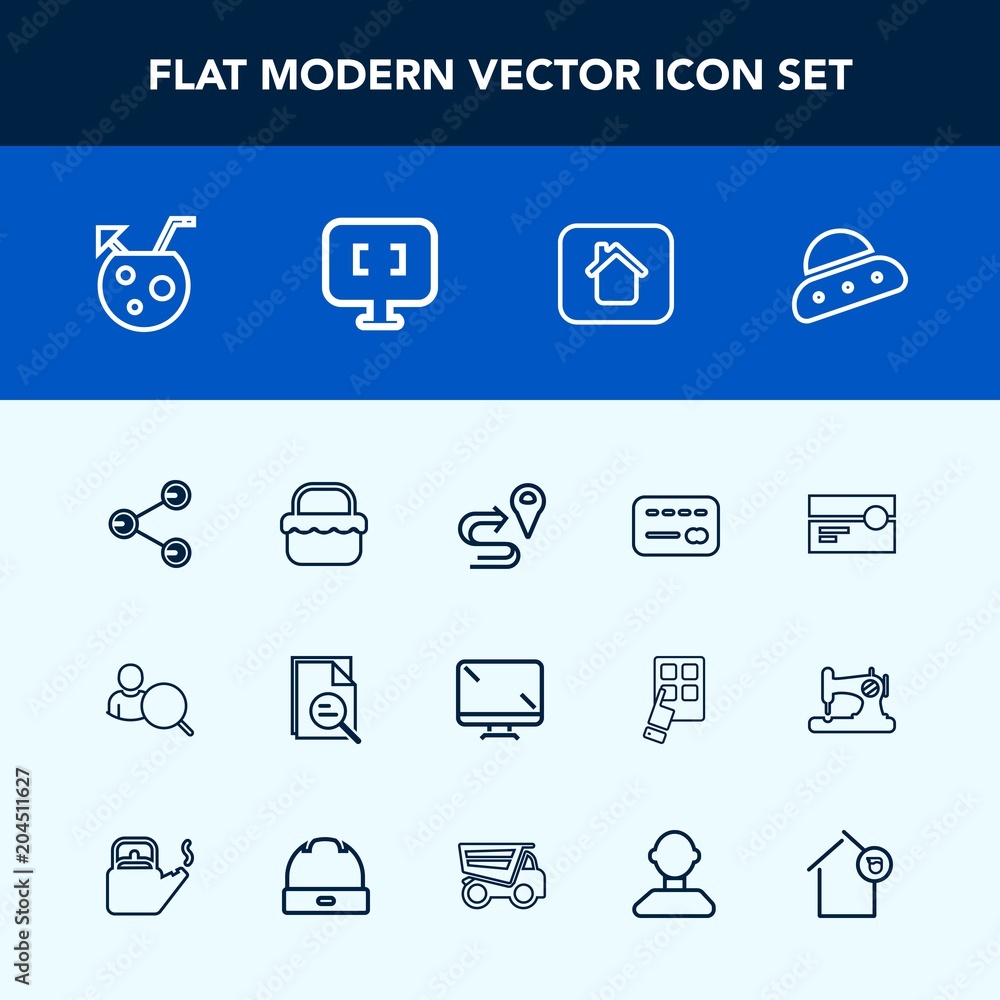 Modern, simple vector icon set with bank, online, account, route, picnic, house, balance, juice, display, digital, internet, summer, cocktail, sign, tool, card, stereo, monitor, space, ship, map icons