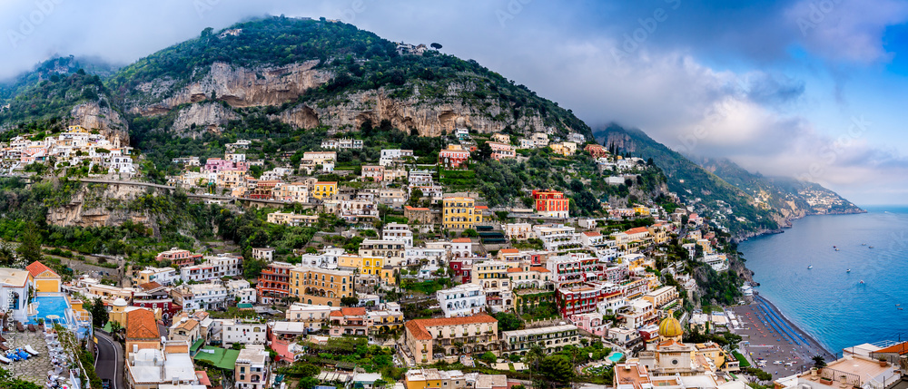 Panoramic view of Positano town at Amalfi coast, Italy