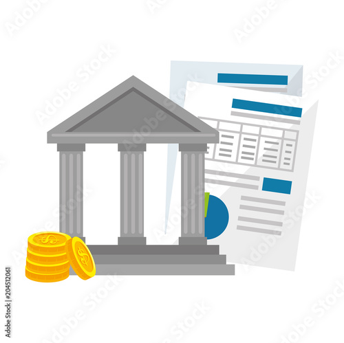 bank building with coins and documents vector illustration design