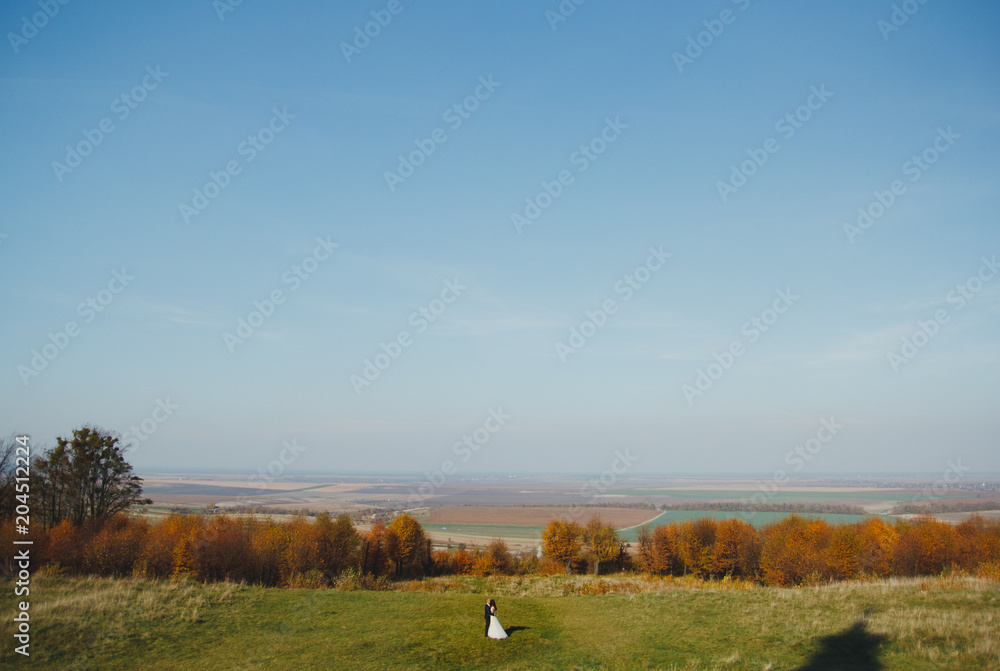 Fototapeta premium Wedding couple is walking in sunny day. Groom and bride in white satin lace dress are kissing with view on green and yellow field. Autumn nature panoramic landscape.
