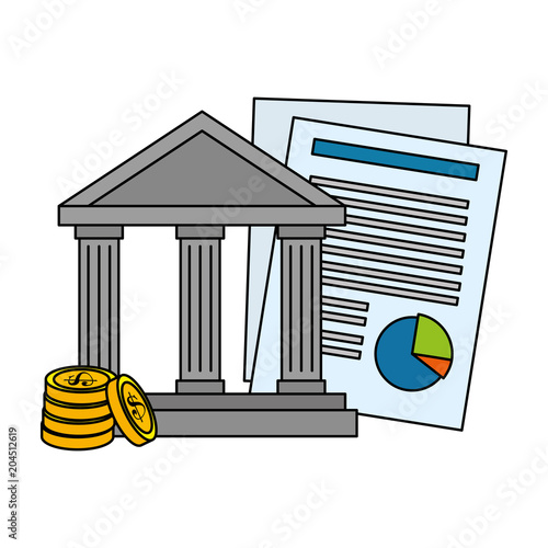 bank building with coins and documents vector illustration design
