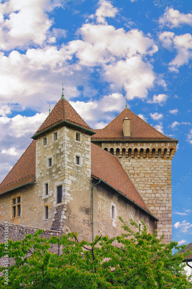Detail of a tall tower of the castle of Annecy.