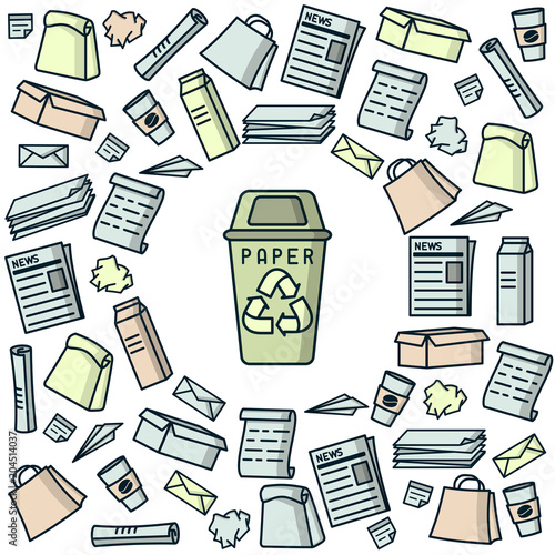 Paper recycling card with paper trash and dumpster. Cartoon style vector illustration. EPS10