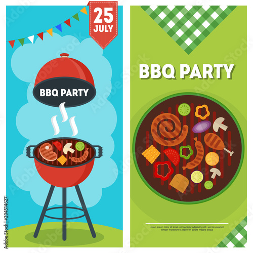 Barbecue party vertical banners with a grilled food and cooking utensils.
